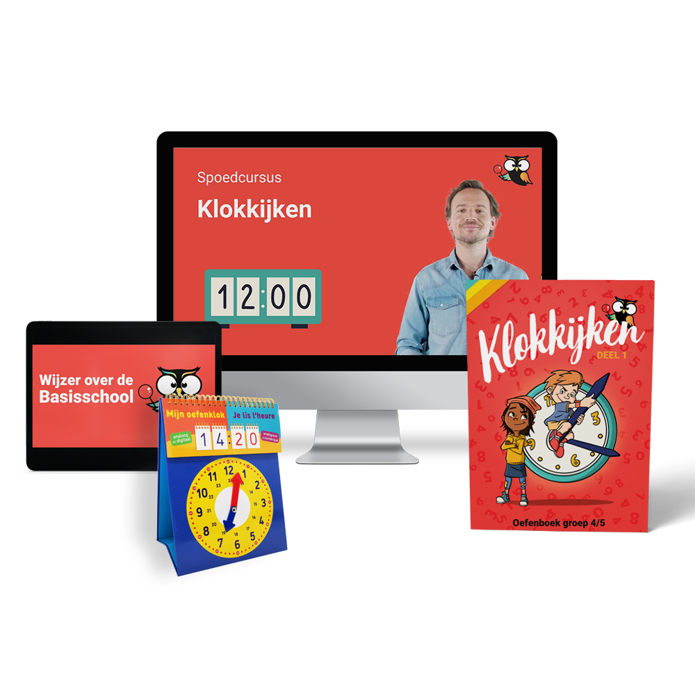 Spoedcursus klokkijken groep 4 - 5 Online + oefenboek + leerklok